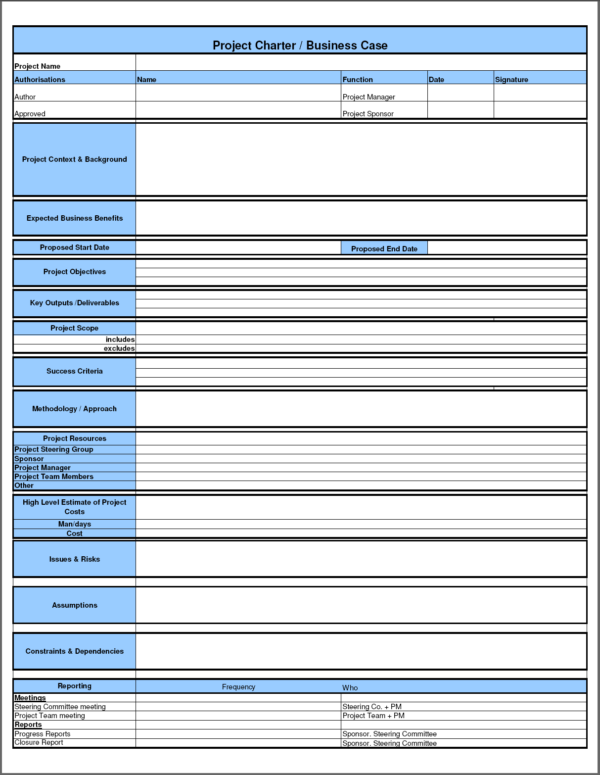 writing a project charter template excel